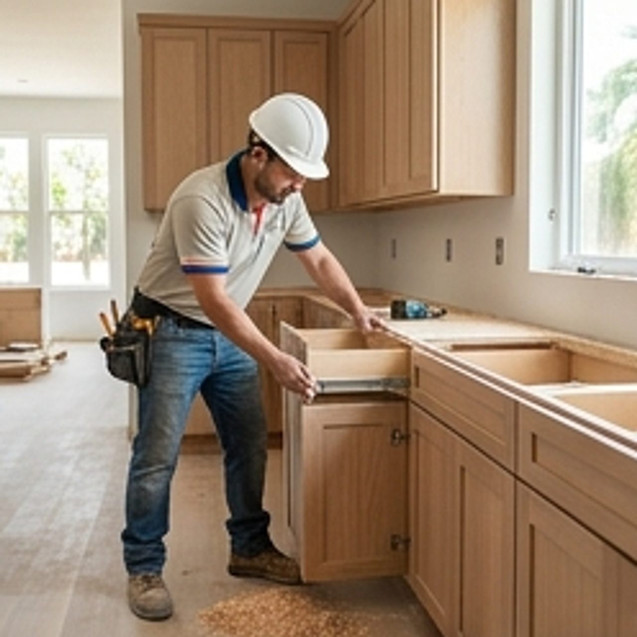 worker installing kitchen cabinets