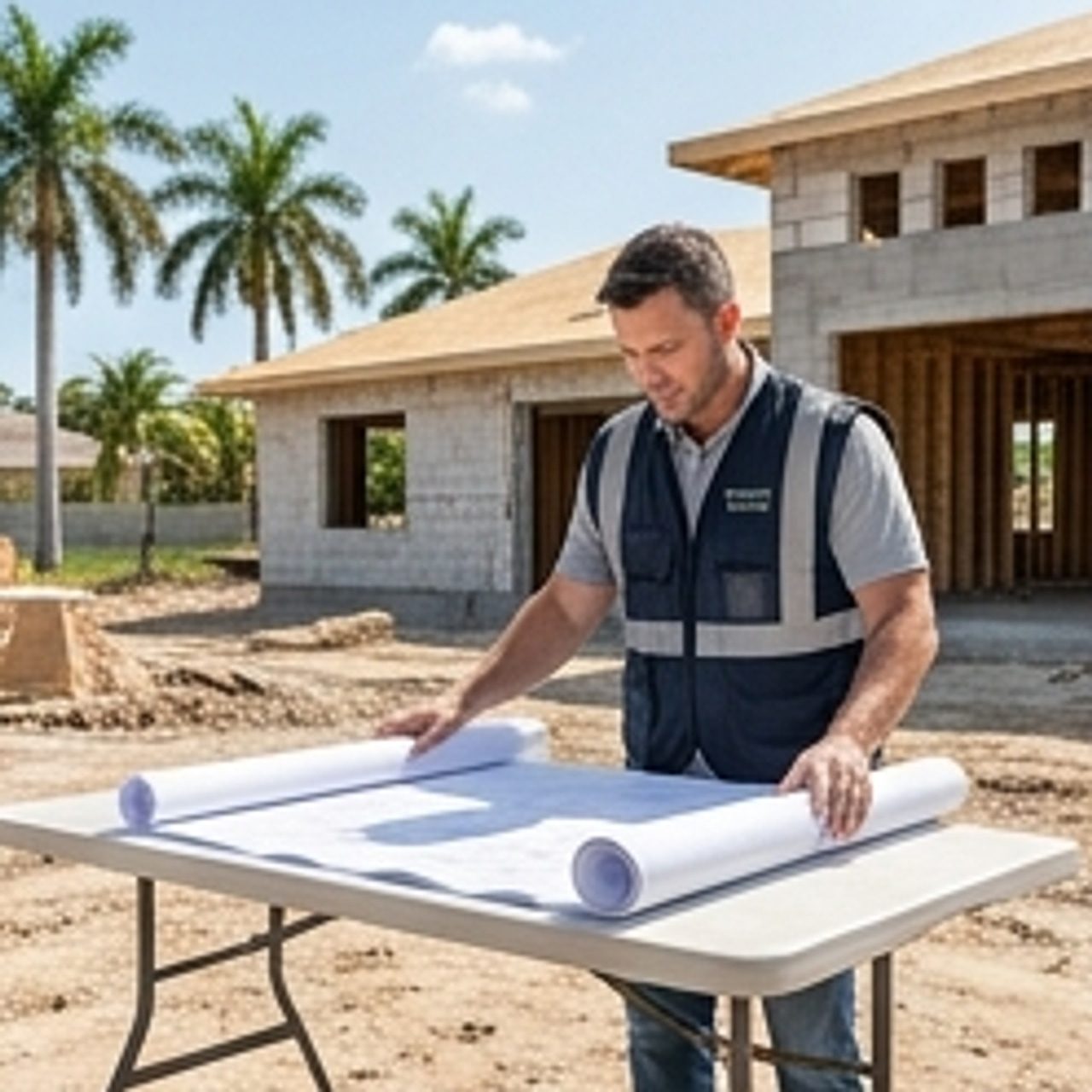 contractor reviewing blueprints on site