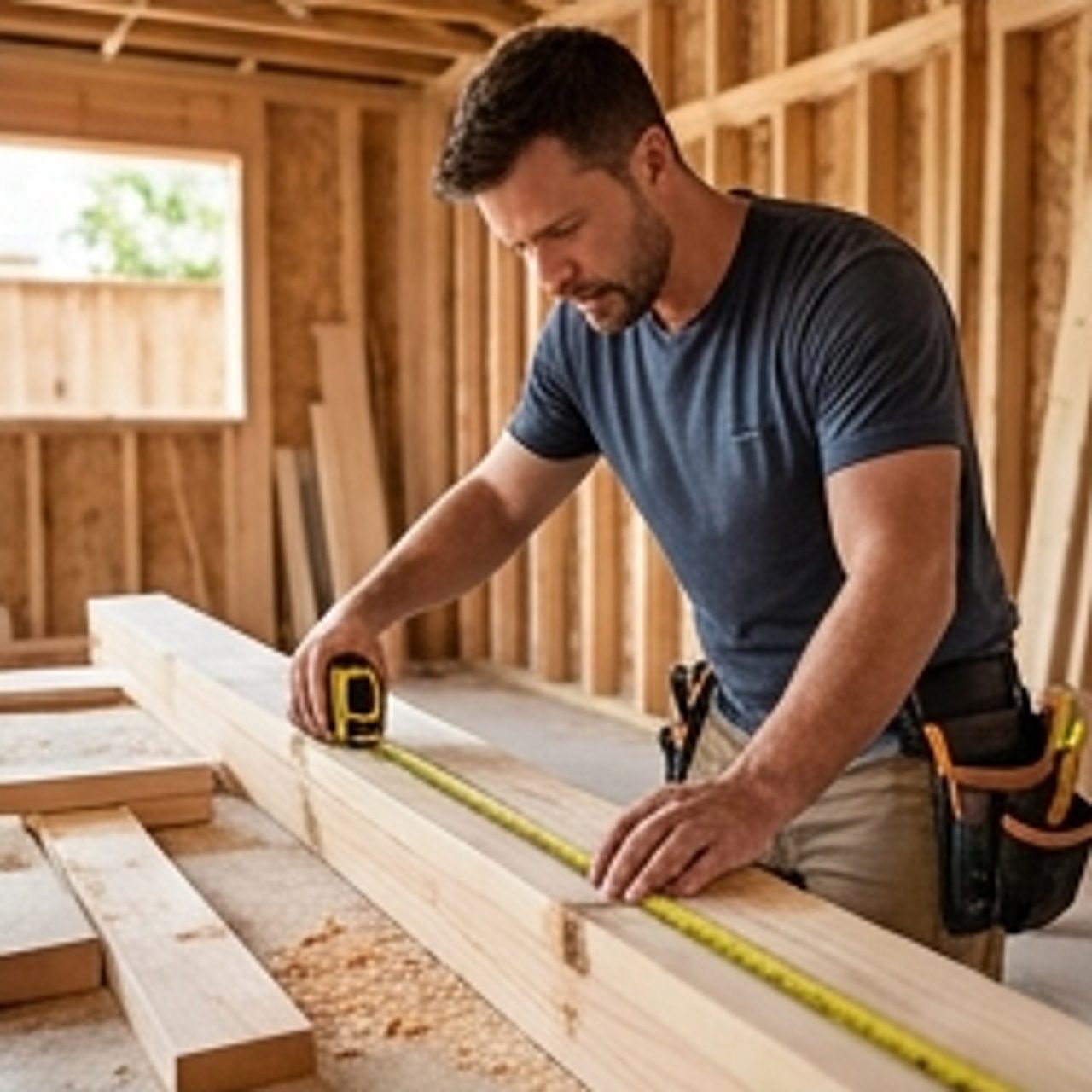 carpenter measuring wood for home addition